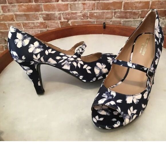 BRAND NEW NATURALIZER N5 NAVY BLUE FLORAL IRIS OPEN TOE MARY JANE COMFORT PUMP - Picture 13 of 15